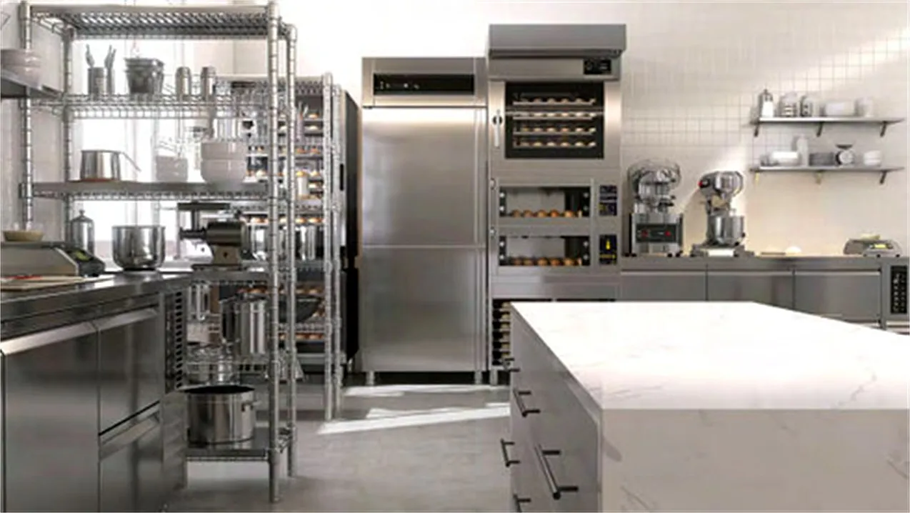 Stainless steel bakery kitchen with deck oven, proofer, mixers and refrigeration