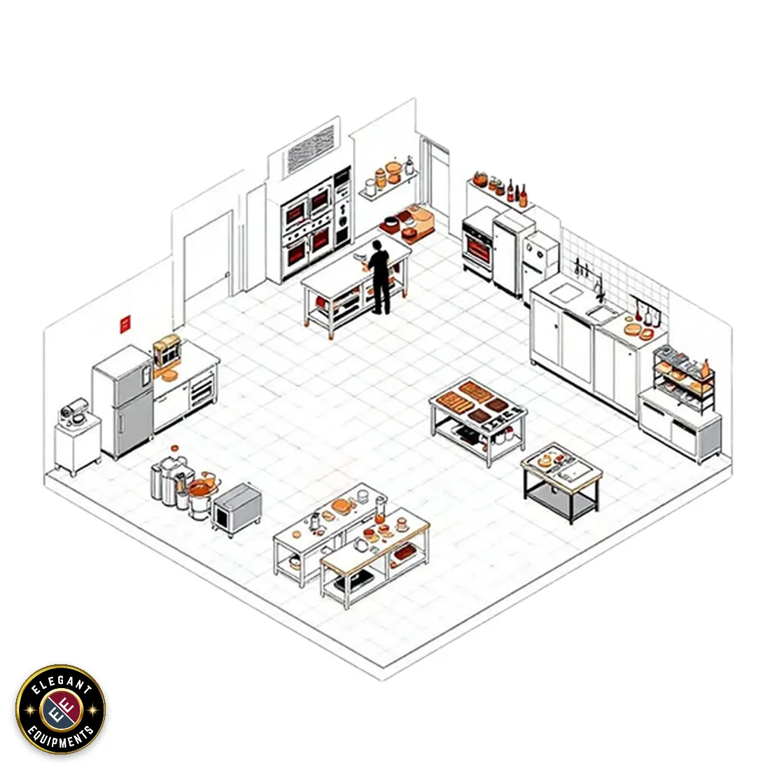 Bakery kitchen floor plan with ovens, mixers, work tables and refrigeration