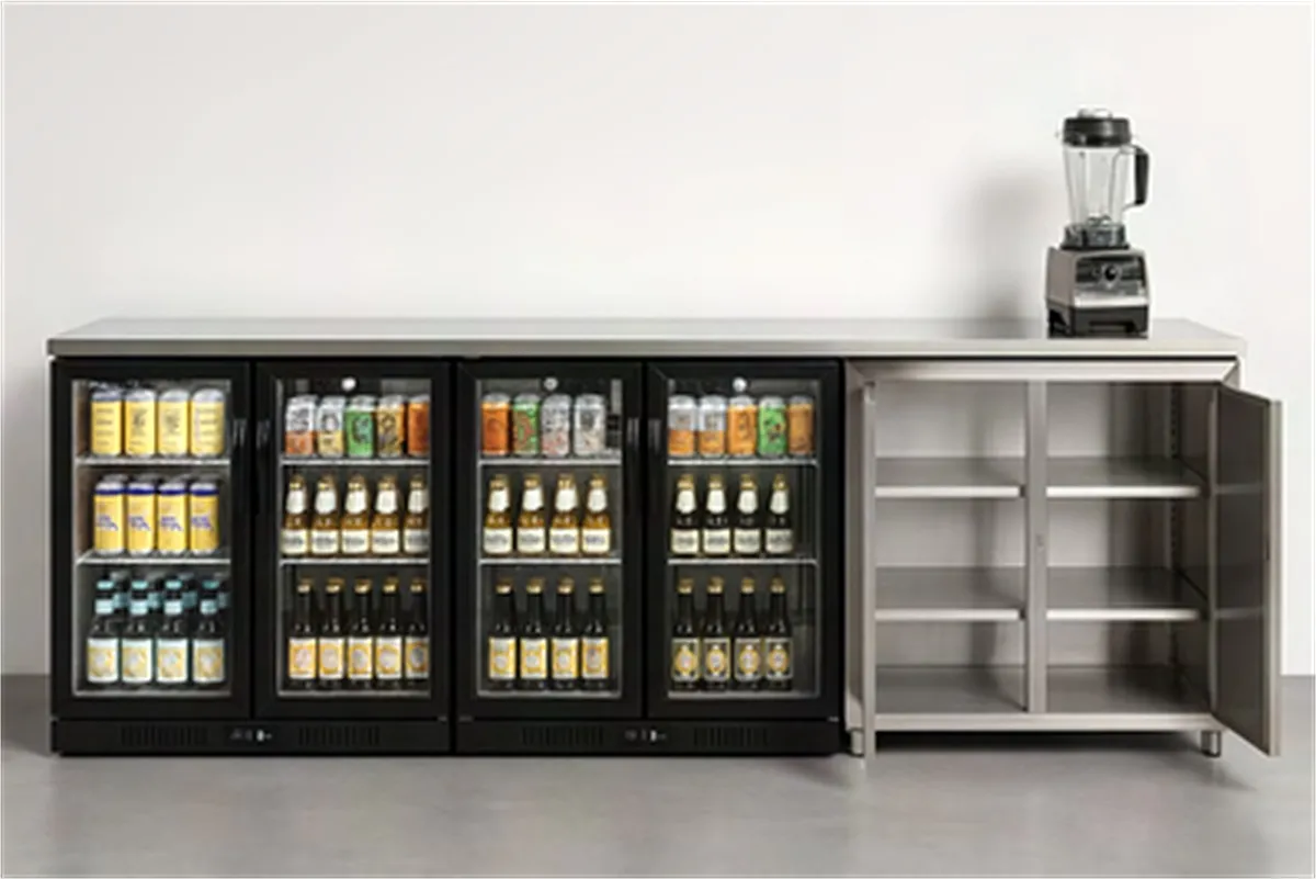 Glass-door back bar chillers with stainless steel storage and a blender