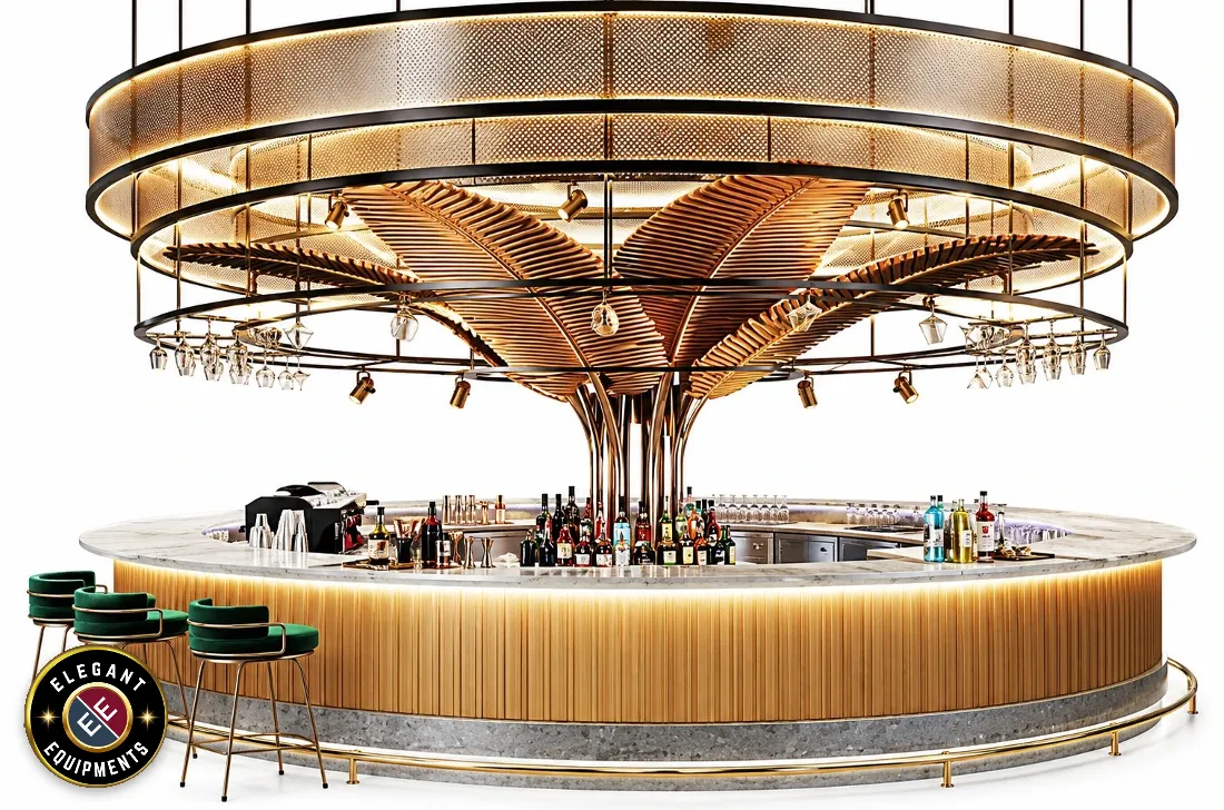 Circular island bar design with overhead glass racks, lighting and bar stools