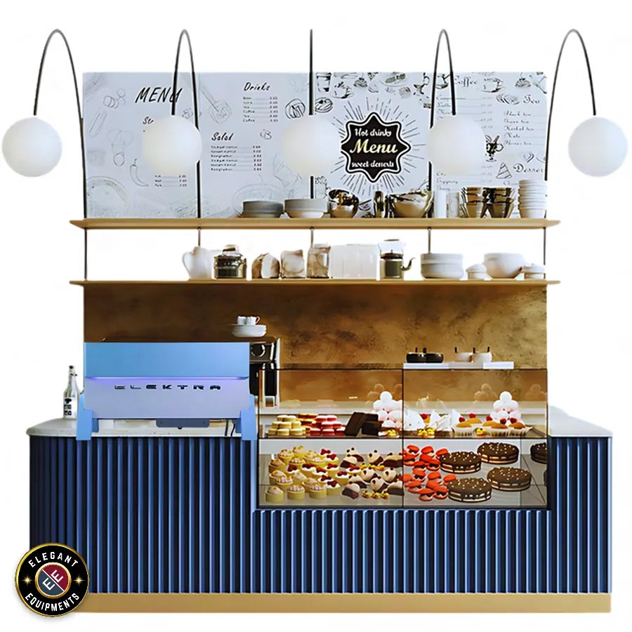 Café and cafeteria counter designed by Elegant Equipments — espresso machine, pastry display and menu wall