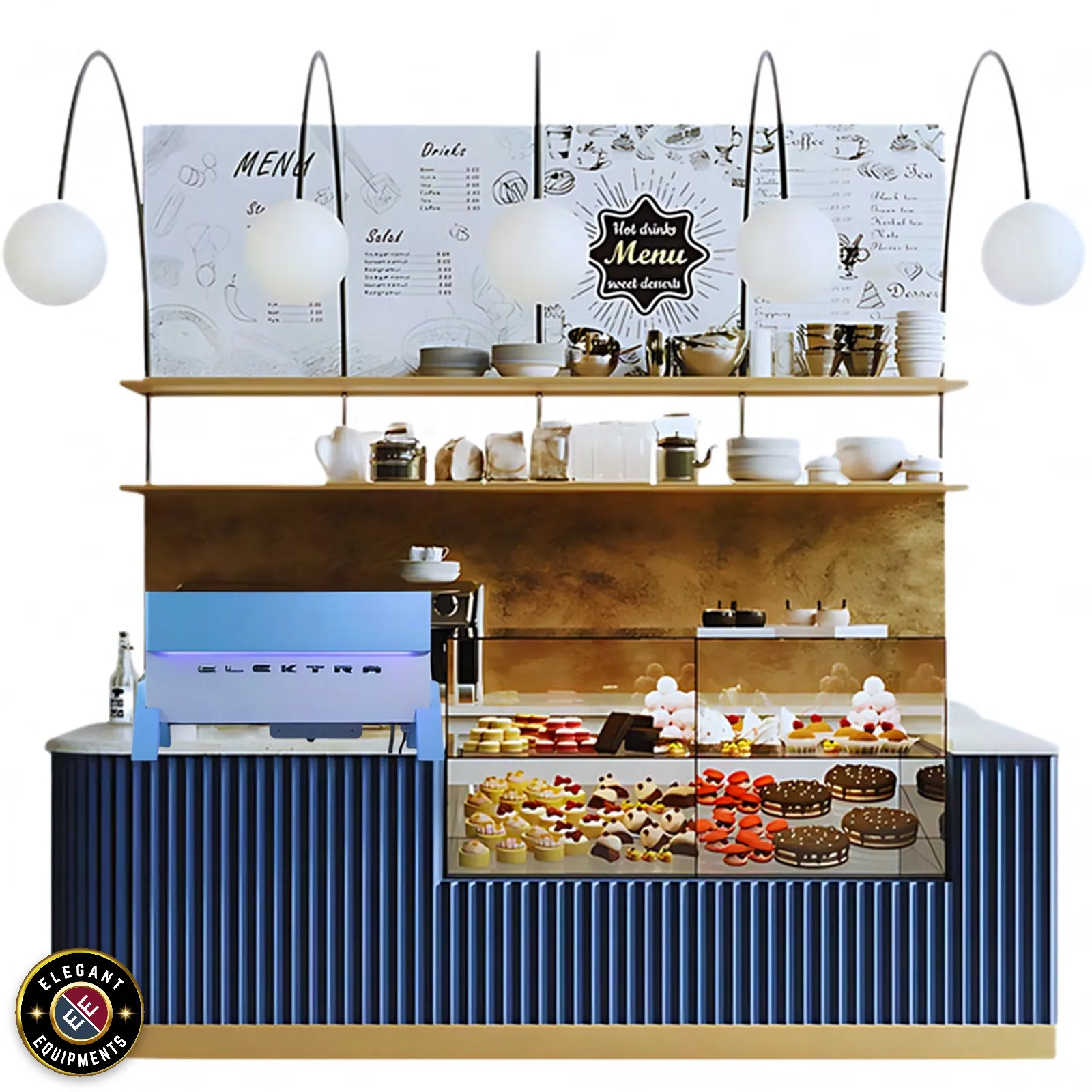Café and cafeteria counter designed by Elegant Equipments — espresso machine, pastry display and menu wall