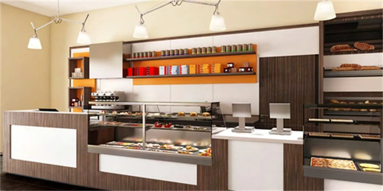Cafeteria service counter with hot and cold display cases and billing points